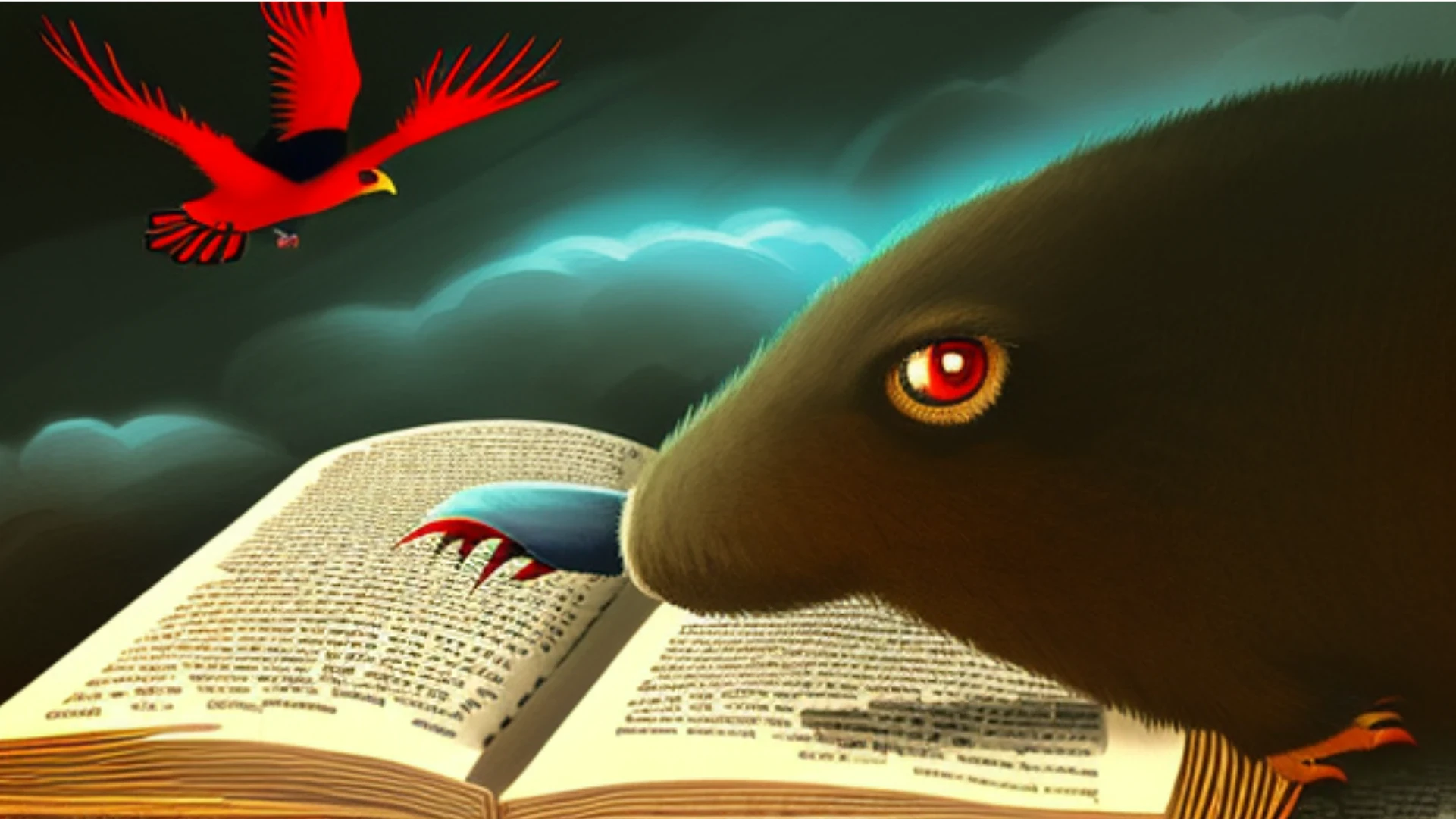 a monster is reading a red old book in the sky, dark light, birds perspective