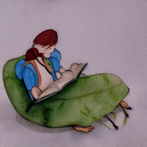 (c)_verena_tscherner_a bug sitting on a leave reading in a book about how to cook a stew, Watercolor
