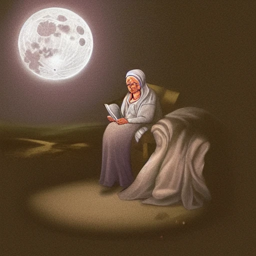 (c)_verena_tscherner_an old woman sitting on the moon reading a book after midnight, moonlight, illustration